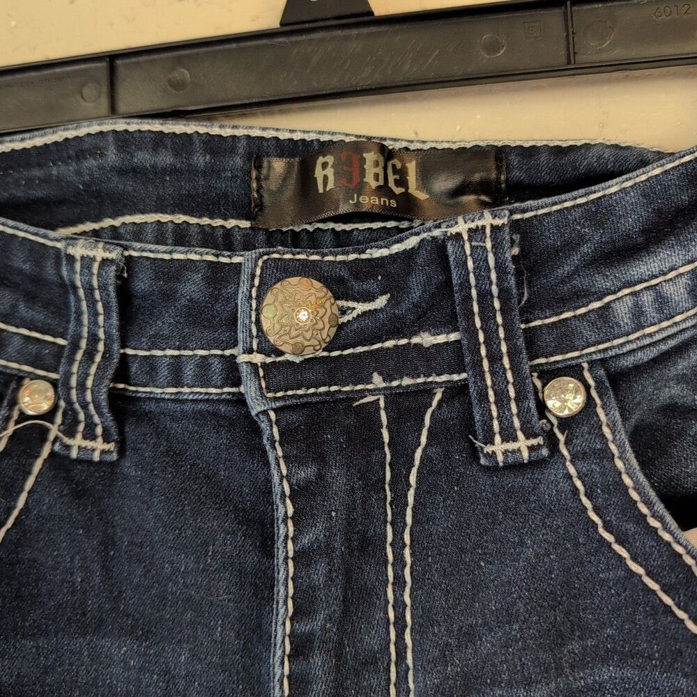 Rebel Jeans Women's 9/27 Distressed Jewel Flower Detail Wide Leg Mid Rise Dark - Picture 2 of 15